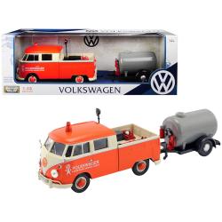 Volkswagen Type 2 (t1) Pickup Truck Orange And Cream With Oil Trailer Road Service 1-24 Diecast Model Car By Motormax 79674