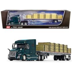 Volvo Vnl 760 Mid-roof Sleeper Cab Forest Green With Wilson Flatbed Trailer And Lumber Load 1-64 Diecast Model By Dcp-first Gear 60-0641